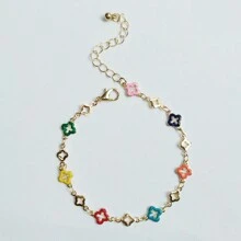 1 件随机金属色时尚彩色珐琅三叶草铜链手链情人节、妈妈、母亲、母亲节、礼物 - 金黃色 - 查看 5