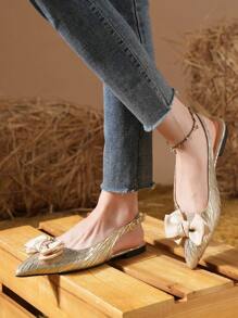 舒适的封闭式鞋头平底鞋，带蝴蝶结装饰，女士透气休闲乐福鞋 - 金色 - 查看 3