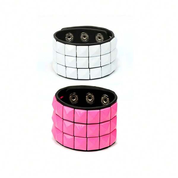 Brazalete cuadrado de PU blanco rojo estilo punk de los 80, ajustable, brazalete unisex para hombres y mujeres