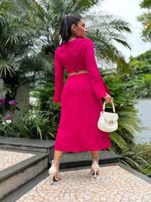 SJD MODA LADY Tailored Cropped Set Midi Skirt Long Skirt With Slit And Bow Tie - Màu Hồng Tươi - Xem 5