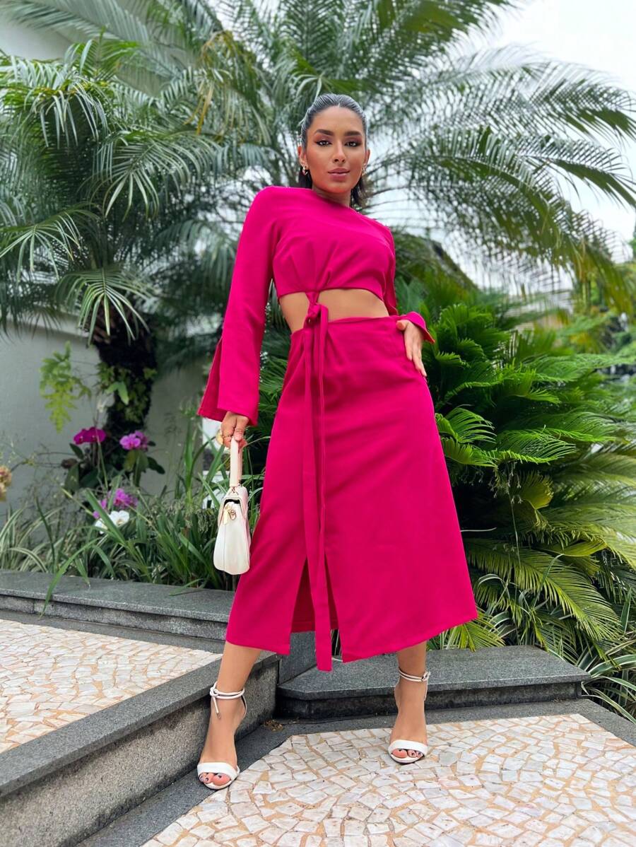 SJD MODA LADY Tailored Cropped Set Midi Skirt Long Skirt With Slit And Bow Tie - Màu Hồng Tươi - Xem 1