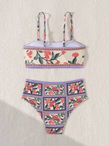 Set de 2 piezas con parte superior e inferior de bikini con estampado floral y tirantes de espagueti para mujer, de verano