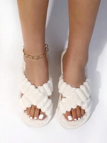 Zapatillas blancas de moda para mujer con correas cruzadas, peluche y esponjosas, suaves y cómodas, suela antideslizante para pisos silenciosos de dormitorio