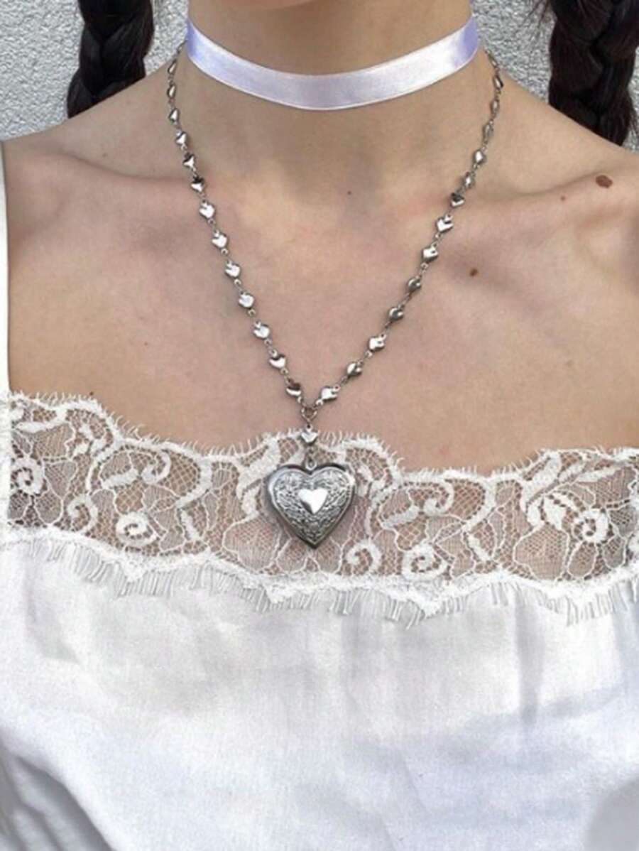 kuuioe 浪漫心形小盒吊坠可打开女式银色不锈钢相框吊坠项链适合女士男士珠宝礼物 - 心盒 - 查看 1