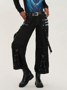 Women Cargo Jeans, Striped Zipper Button Closure Loose Casual Trousers Streetwear With Pockets - 白色 - 查看 4