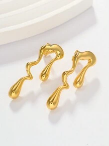 2 件/套不锈钢熔岩形时尚耳环，时尚风格，适合女性日常或派对佩戴，也是一份很棒的礼物 - 金黃色 - 查看 4