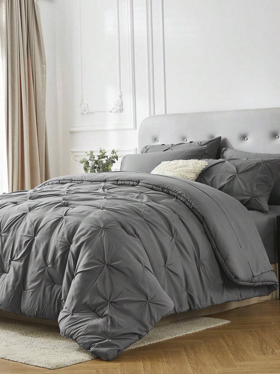 5Pcs/7-Pcs Queen Pinched Pleat Bed Comforter Sets Queen  - Luxurious, Soft, Breathable, Hypoallergenic, And Cooling Summer Bedding For All Seasons With Sheets, Pinched Pleat   Design, And Bed-In-A-Bag Convenience - Easy Care, Machine Washable, And Durable,  Ideal Gift