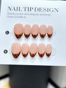 10 piezas de Uñas postizas cortas de almendra hechas a mano, de estilo minimalista de moda con un patrón de estampado de leopardo pintado a mano, uñas postizas de alta calidad para uso diario de mujeres y niñas, con set de accesorios para uñas