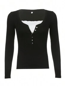 Women Y2k Lace Patchwork Shirt Top Fairycore Lace Trim V Neck Long Sleeve Button Front Slim Fit T Shirts Crop Tops Sping Fall Going Out Tee Tops Teen Girls Vintage Aesthetic Grunge Clothes Casual Tunic Top Blouse Streetwear - 黑色 - 查看 3