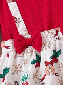 Girls' Christmas Ruffle Bow Dress With Snowman, Candy Cane, Christmas Tree Print, Holiday Outfit - Red - View 4