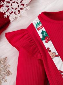 Girls' Christmas Ruffle Bow Dress With Snowman, Candy Cane, Christmas Tree Print, Holiday Outfit - Red - View 5