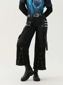 Women Cargo Jeans, Striped Zipper Button Closure Loose Casual Trousers Streetwear With Pockets - 白色 - 查看 8