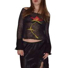 Women's Casual Floral Print Knitted Crop Tops Long Sleeve Boat Neck Slim Fit T-Shirts Sheer Sweaters,See-Through Blouse Jumpers Clothes Sweater Type For Y2K Aesthetic Layering Spring Summer - Red - View 1