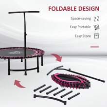 HOMCOM 45" Foldable Mini Trampoline Silent Rebounder Indoor Outdoor Jumper With Adjustable Handle - Pink - Pink - View 4