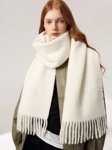 1pc High Quality Imitation Wool Solid Color Comfortable Neckwarmer, Warm Wool Blend Scarf Shawl - White - View 3