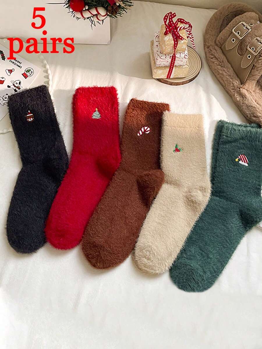 5 件/套（随机发货）女士鹿、圣诞树、涂鸦图案时尚、舒适、柔软、简约中筒袜，适合圣诞节装扮 - 彩色 - 查看 1