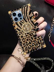Keychain,Lanyard 1PC Leopard Print Shiny Rectangle Phone Case With Wrist Strap, Featuring Multi-Layer Shock Absorption, Drop Protection And Anti-Slip Design, New Design Loved By Women, Creative Protective Cover, Birthday Gift, Girlfriend, Boyfriend, Valentine's Day, Holiday Gift For Couple, Friend, Family, Yourself