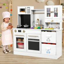 MAMIZO Kids Play Kitchen, Wooden Pretend Toy Kitchen, Toodler Cooking Kitchen Playset With Light & Sound, Sink, Microwave, 2 Fabric Boxs, Dishwasher, Modern Home Style Kitchen Toy For Girls Boys Age 3+ - White - View 2