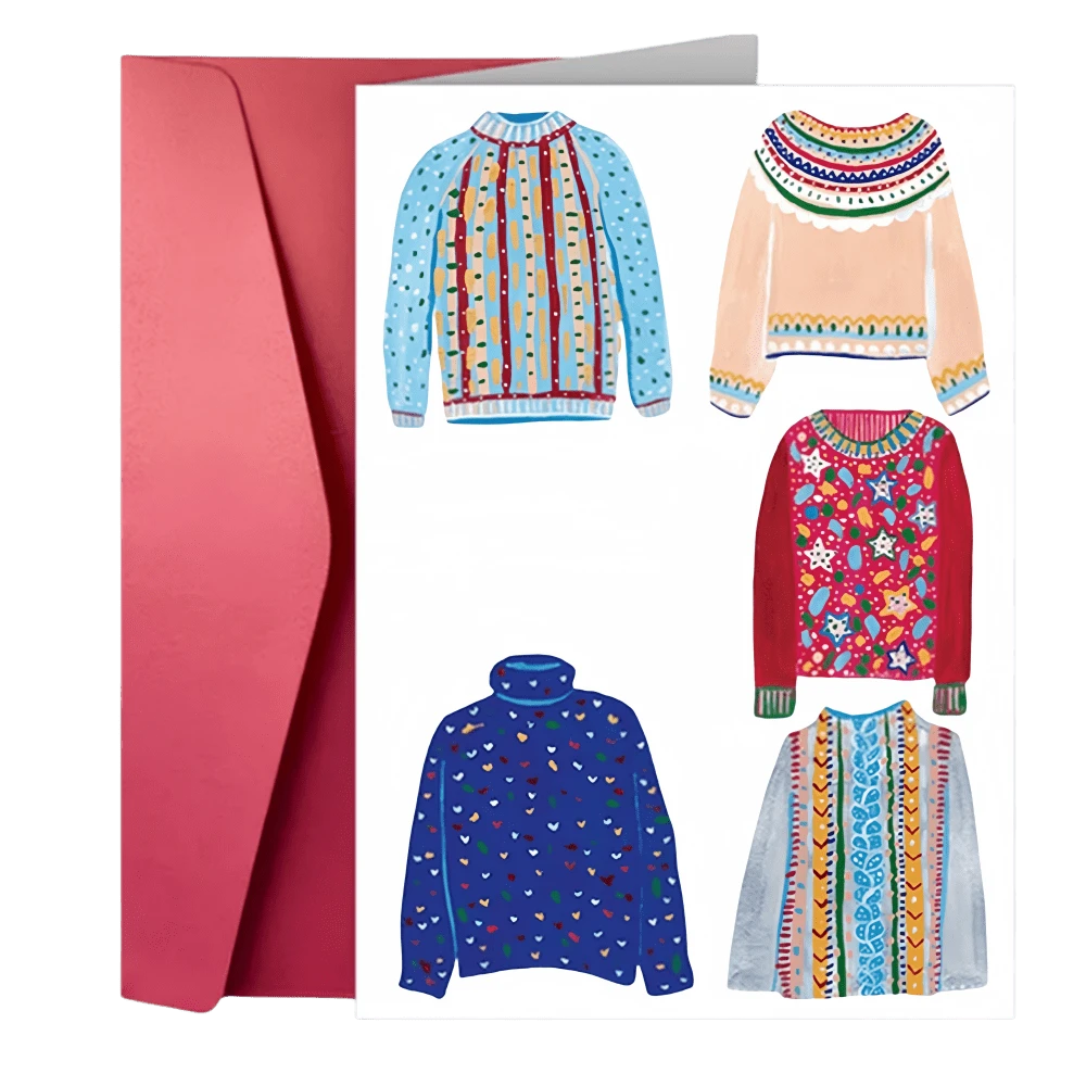 1 pieza Tarjetas de felicitación festivas (Tarjetas de Navidad) - Diseño de suéter navideño colorido, Papelería de oficina y vacaciones - Para regalar en Navidad a familiares y amigos