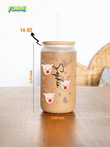 Sip Sip Hooray 驯鹿圣诞 16 盎司玻璃杯带盖和吸管，圣诞 16 盎司吸管玻璃杯，冰咖啡杯，节日马克杯礼物 - 磨砂 - 查看 3