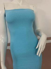 Women's Strapless Short Tube Dress Premium Double Ribbed Knit 0928 - Màu xanh lam - Xem 2