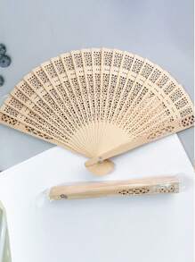 1pc Sandalwood Hollow Wooden Fan Wooden Fan Color Sandalwood Wooden Fan Hollow Folding Fan Printed Wooden Handicraft Fan Imitation Sandalwood Fan, Ideal Choice For Gifts
