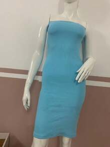 Women's Strapless Short Tube Dress Premium Double Ribbed Knit 0928 - Màu xanh lam - Xem 1