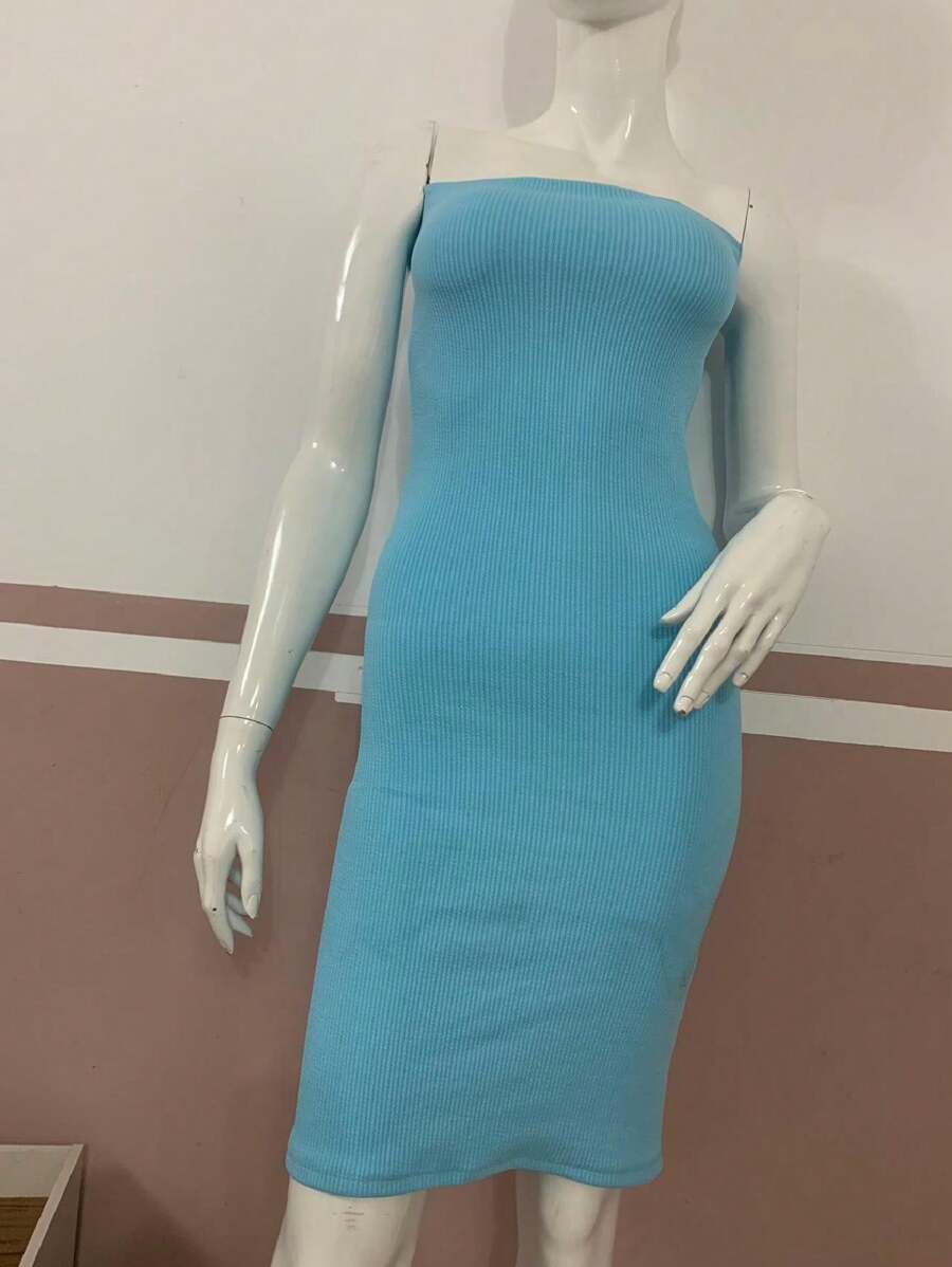 Women's Strapless Short Tube Dress Premium Double Ribbed Knit 0928 - Màu xanh lam - Xem 1