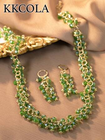 KKCOLA 3 件套夏季时尚绿色项链和耳环首饰套装，高端珠宝生日礼物，母亲节礼物，派对配饰，日常搭配