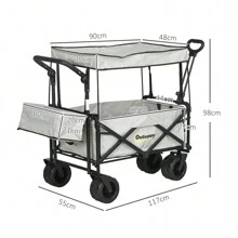 Outsunny Folding Trolley Cart Storage Wagon Beach Trailer 4 Wheels With Handle Overhead Canopy Cart Push Pull For Shopping Camping - Grey - View 5