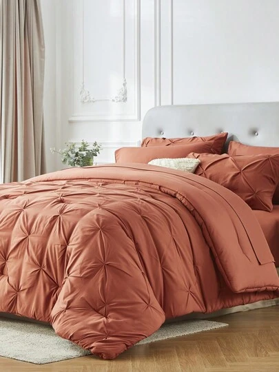 5Pcs/7-Pcs Queen Pinched Pleat Bed Comforter Sets Queen  - Luxurious, Soft, Breathable, Hypoallergenic, And Cooling Summer Bedding For All Seasons With Sheets, Pinched Pleat   Design, And Bed-In-A-Bag Convenience - Easy Care, Machine Washable, And Durable,  Ideal Gift