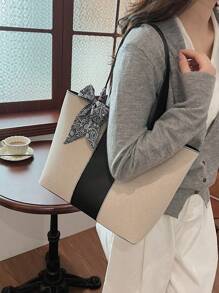 女士休闲帆布拼接拉链单肩包大容量日常使用手提包 - 黑色 - 查看 3