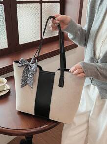 女士休闲帆布拼接拉链单肩包大容量日常使用手提包 - 黑色 - 查看 4