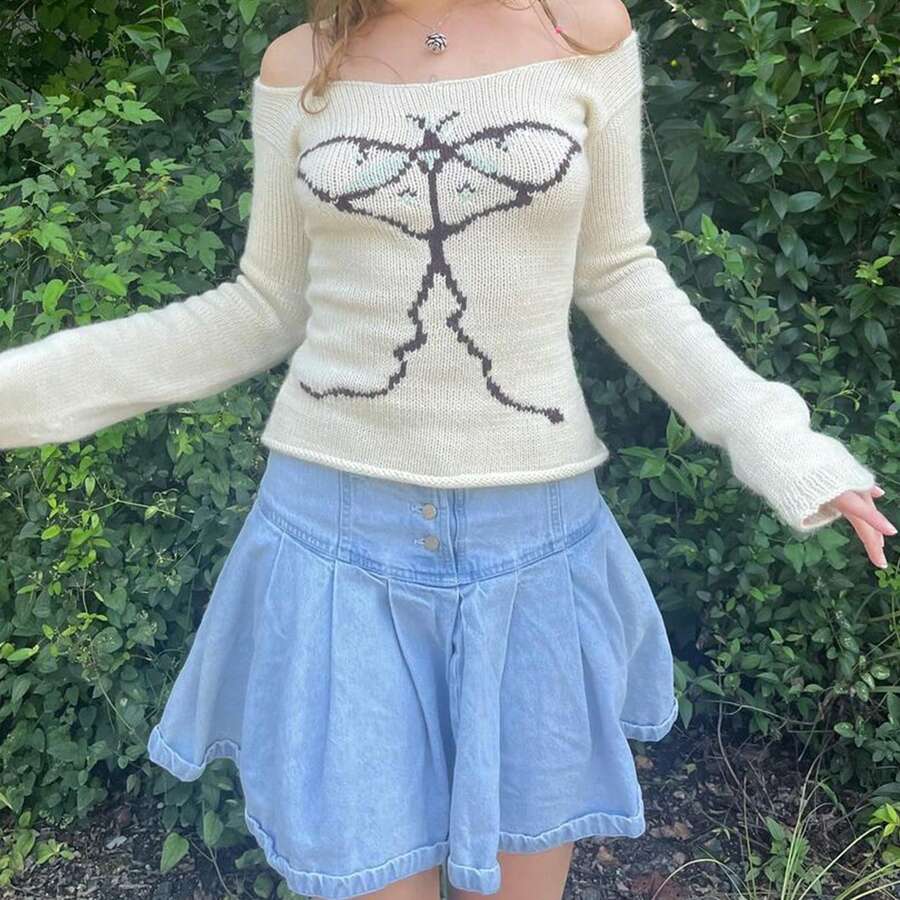 Women's Off Shoulder Sweater Slim Graphic Print Long Sleeve Knit Tops