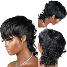 Mullet Wig For Women Human Hair Black Color Curly Wave Pixie Cut Wig For Women Human Hair 70s 80s Mullet Wig Short Wigs For Women Daily Use Real Human Hair Haircut Short Curly Wave Wigs With Bangs Put On And Go Wig None Lace Pixie Wigs For Love Gift, Valentine's Day, Daily Use Glueless Wig Natural Looking Fashion Wigs