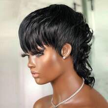Mullet Wig For Women Human Hair Black Color Curly Wave Pixie Cut Wig For Women Human Hair 70s 80s Mullet Wig Short Wigs For Women Daily Use Real Human Hair Haircut Short Curly Wave Wigs With Bangs Put On And Go Wig None Lace Pixie Wigs For Love Gift, Valentine's Day, Daily Use Glueless Wig Natural Looking Fashion Wigs