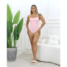 Bodysuit With Straps And Straight Neckline In Irregular Fabric - Rosa Pálido - Ver 3