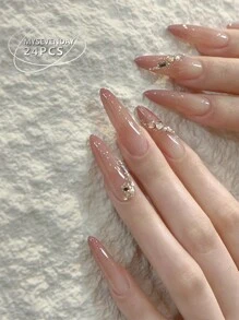 30 Pieces Of Long Almond Shaped Pressed Fake Nail Patches, Gradient Rhinestone Sweet And Cool Japanese And Korean Style Women's Nail Patches, New And Fashionable Fingertips, Matched With 1 Piece Of Jelly Glue And 1 Piece Of Rubbing Strip, Suitable For Women's Parties, Dances, Daily Casual Wear, Detachable And Reusable Press On Nails