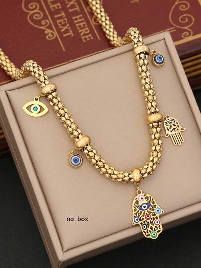 Freegrow 1pc Stainless Steel Eye & Hamsa Hand Pendant Necklace Suitable For Women's Daily Wear