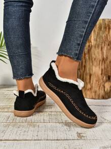 Stivali sportivi slip-on minimalisti da donna con fodera termica, nuovi stivali da neve invernali, scarpe leggere, calde e casual da casa/esterno con suola piatta - nero - Visualizzare 6