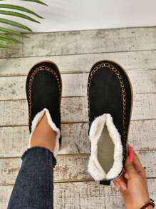 Stivali sportivi slip-on minimalisti da donna con fodera termica, nuovi stivali da neve invernali, scarpe leggere, calde e casual da casa/esterno con suola piatta - nero - Visualizzare 1