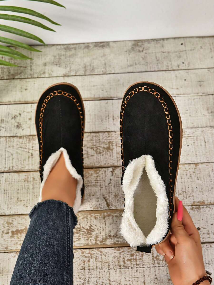 Stivali sportivi slip-on minimalisti da donna con fodera termica, nuovi stivali da neve invernali, scarpe leggere, calde e casual da casa/esterno con suola piatta - nero - Visualizzare 1