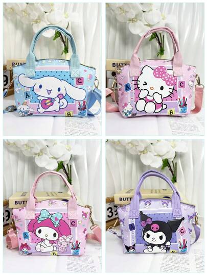 Sanrio Satchel With Adjustable Straps - Casual Faux Leather Bag With Zipper, Anime-Themed Design, Stain-Resistant Lining, Available In Multiple Colors