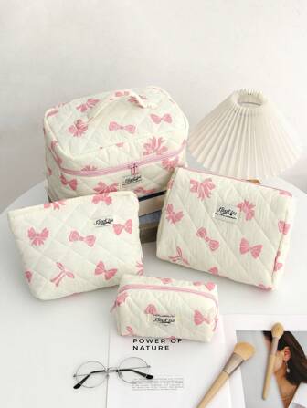 1 חתיכה קשת נסיעות תיק רחצה עם ידית בד מרופד קיבולת גדולה נשים ידית תיק קוסמטי מברשות קוסמטיות אחסון איפור ארגונית נסיעות טיפוח עור איפור פאוץ' לחדר אמבטיה למעונות סטודנט חג המולד סתיו ארנק מטבעות קלמר חזרה לבית הספר נסיעות חיוניות מתנת חתונה מתנת יום הולדת אביזרי אמבטיה