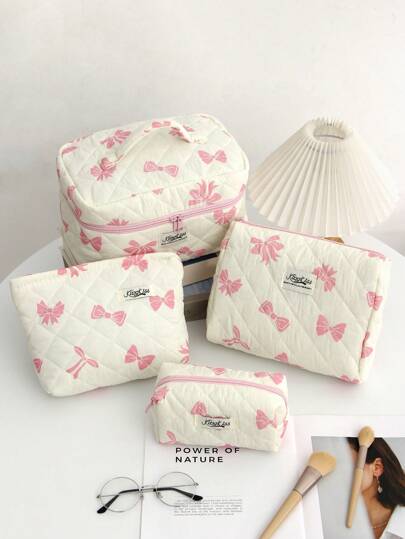 1件装蝴蝶结旅行洗漱包，带手柄，绗缝面料，大容量女士手提化妆包，可收纳化妆刷，整理化妆品，旅行护肤品化妆包，浴室适用，适合大学宿舍、圣诞节、秋季、圣诞节、秋季，可作零钱包、铅笔盒、返校旅行必备品、婚礼礼物、生日礼物、浴室配件