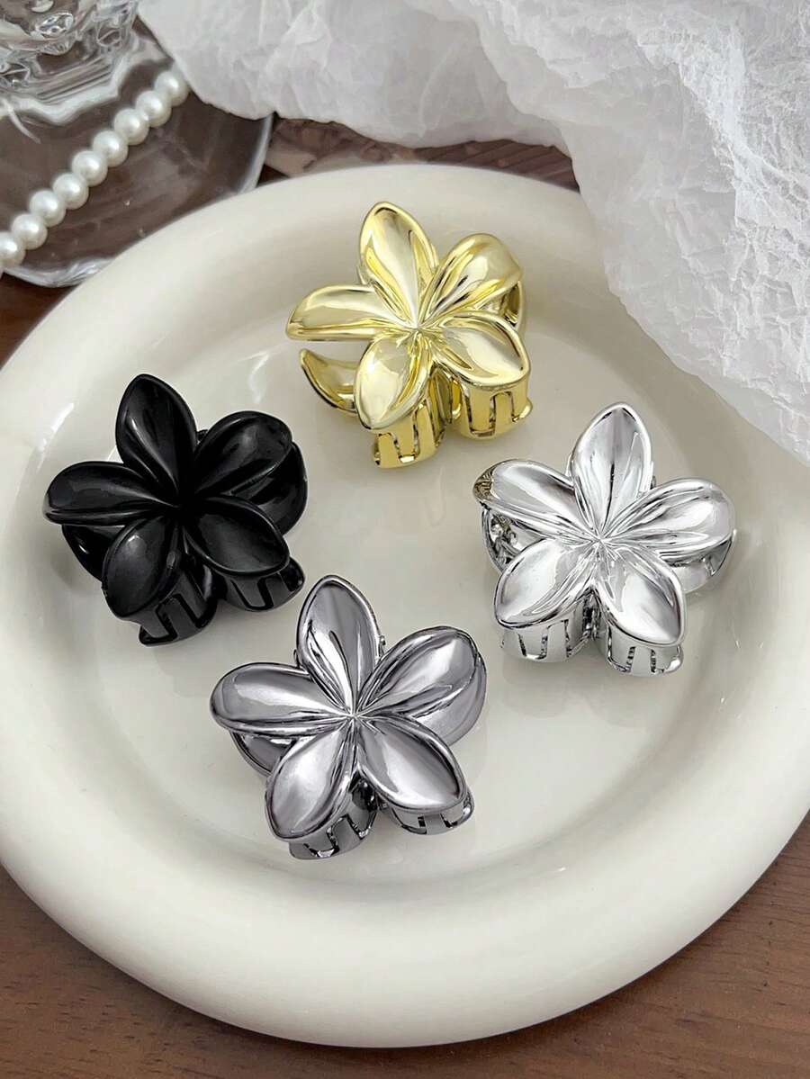 4 件装高端 UV 镀金属色 Y2K 风格花爪发夹，小尺寸哑光饰面，适合海滩和度假，秋冬季 - 彩色 - 查看 1