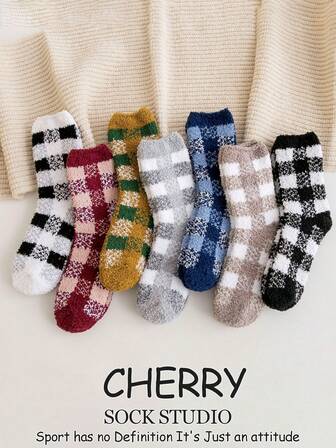 1/2/4/6 Pairs Men's Plaid Comfortable Thermal Lined Warm Socks, Suitable For Indoor/Home Wear, Autumn/Winter