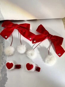 4 件装新款心形和蝴蝶结蓬松圣诞发夹，可爱发夹，适合马尾辫，时尚派对发饰 - 紅色 - 查看 10