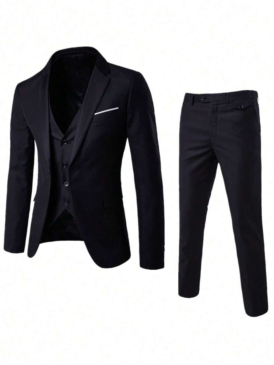 Conjunto de traje de negocios de 3 piezas de unicolor de moda para hombres, estilo: USXF001-3JT - Negro - Ver 1