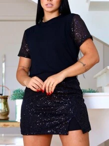 Women's Set Shorts Skirt And Blouse In Sequin Casual Model - màu đen - Xem 4